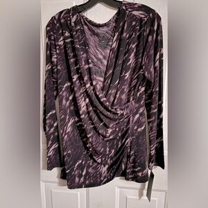 NWT SOPHIA Black and Purple Women's Top Faux wrap w/Side Ruching Plunging V Neck